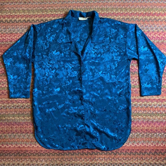 80s VINTAGE VICTORIAS SECRET GOLD LABEL BLUE DAMASK NIGHTGOWN BUTTON UP
